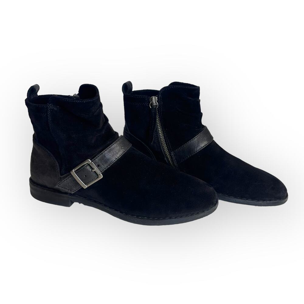 Trask Women's Selma Bootie Size 8 M Black Suede Buckle Vibram Sole Ankle Boot